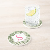 Dessous De Verre En Grès Monogramme Initiale Feuilles de Palmier Vert Rose  (Côté)