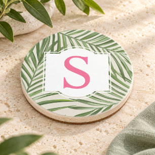 Dessous De Verre En Grès Monogramme Initiale Feuilles de Palmier Vert Rose