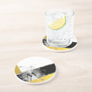 Dessous De Verre En Grès Monogramme jaune et argenté