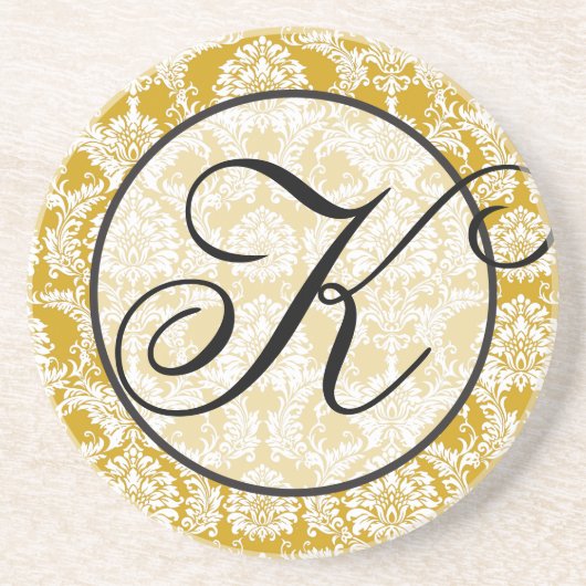 Dessous De Verre En Grès Monogramme jaune et gris Damas (Devant)