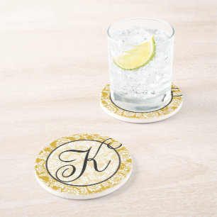 Dessous De Verre En Grès Monogramme jaune et gris Damas