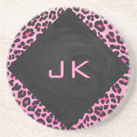 Dessous De Verre En Grès Monogramme Leopard noir et rose chaud (Devant)