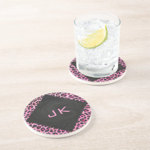 Dessous De Verre En Grès Monogramme Leopard noir et rose chaud