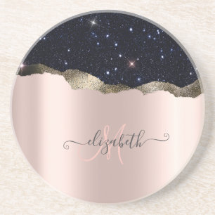 Dessous De Verre En Grès Monogramme Moderne Rose Gold Pailleté Noir
