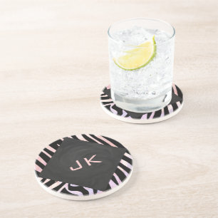 Dessous De Verre En Grès Monogramme noir et rose Zebra
