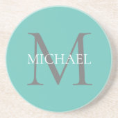 Dessous De Verre En Grès Monogramme personnalisé et nom Turquoise clair (Devant)
