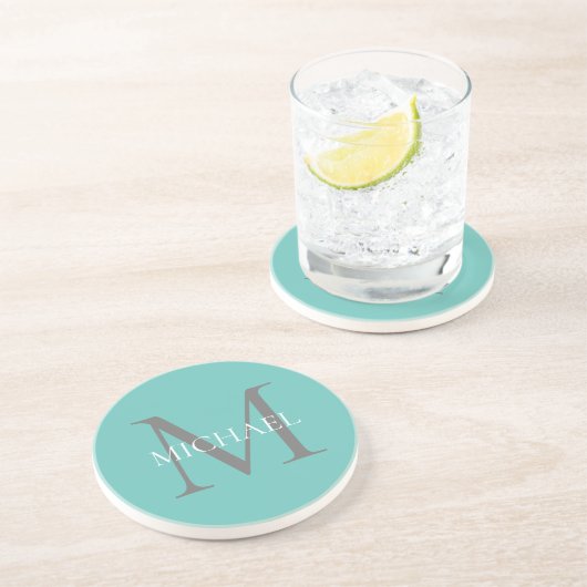 Dessous De Verre En Grès Monogramme personnalisé et nom Turquoise clair (Côté)
