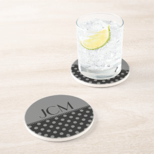 Dessous De Verre En Grès Monogramme points gris sur fond noir 