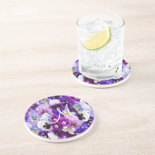 Dessous De Verre En Grès Monogramme Purple Bleu Pansy Blanc Fleurs Florales (Côté)