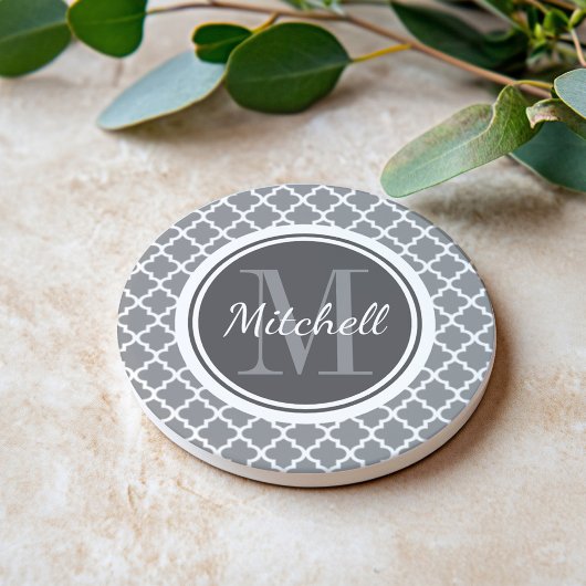 Dessous De Verre En Grès Monogramme Quatrefoil Gris Charbon Moderne