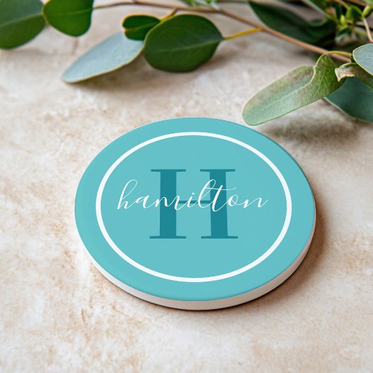 Dessous De Verre En Grès Monogramme rond élégant bleu sarcelle en écriture