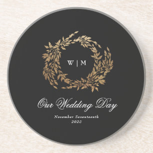 Dessous De Verre En Grès Monogramme traditionnel Noir Crest Mariage classiq