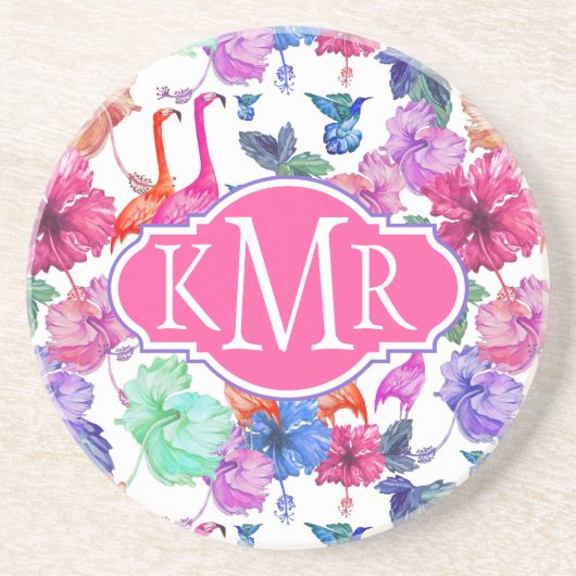 Dessous De Verre En Grès Monogramme tropical du motif | d'aquarelle (Devant)