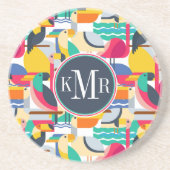 Dessous De Verre En Grès Monogramme tropical géométrique des oiseaux | (Devant)