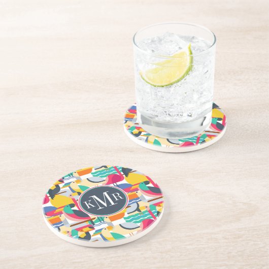 Dessous De Verre En Grès Monogramme tropical géométrique des oiseaux | (Côté)