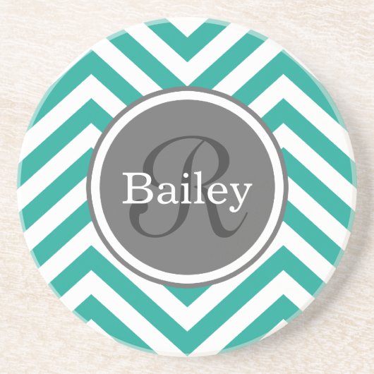 Dessous De Verre En Grès Monogramme turquoise bleu Chevron (Devant)