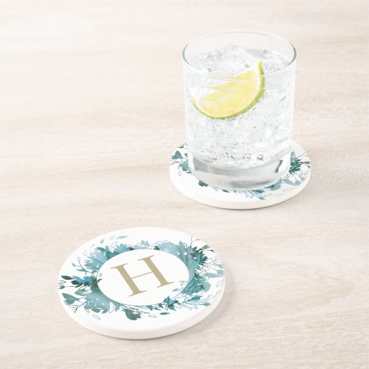 Dessous De Verre En Grès Monogramme Turquoise or (Côté)