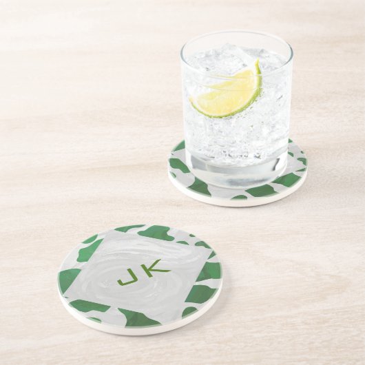 Dessous De Verre En Grès Monogramme vache vert et blanc (Côté)
