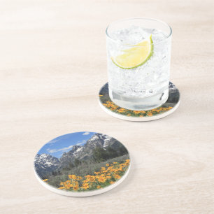 Dessous De Verre En Grès Montagnes du Grand Teton aux fleurs jaunes