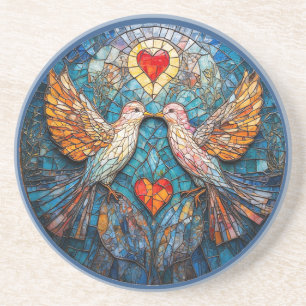 Dessous De Verre En Grès Mosaïque artistique d'oiseaux et de cœurs affichan