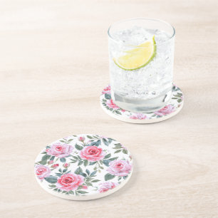 Dessous De Verre En Grès Motif aquarelle cottagecore à fleurs de rose rose