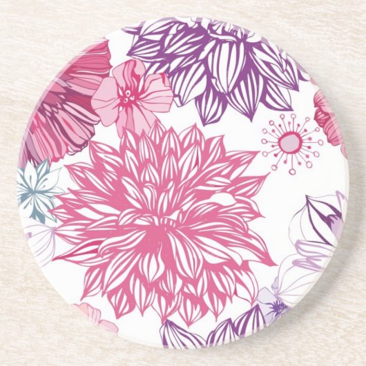 Dessous De Verre En Grès Motif avec les asters et le dahlia roses (Devant)