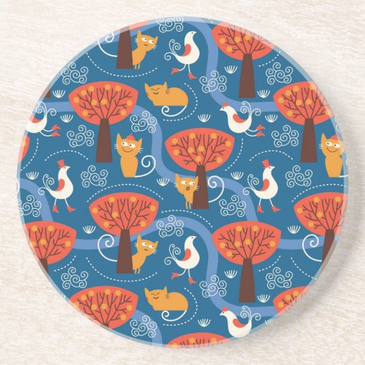 Dessous De Verre En Grès motif avec les chats et les oiseaux mignons (Devant)