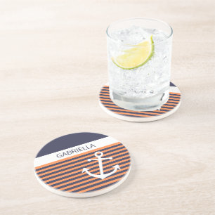 Dessous De Verre En Grès Motif d' de bande orange de Ancre marine personnal