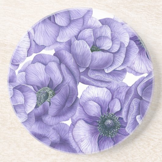 Dessous De Verre En Grès Motif d'aquarelle de fleurs d'anémone violet (Devant)