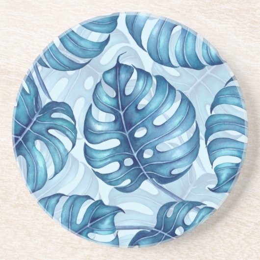 Dessous De Verre En Grès Motif d'aquarelle Monstera bleu (Devant)