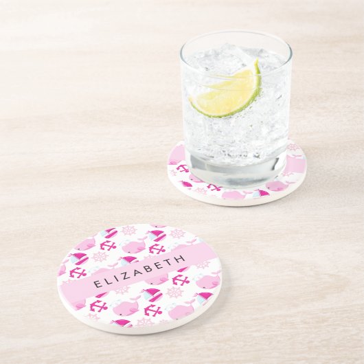 Dessous De Verre En Grès Motif De Baleines, Baleines Roses, Votre Nom (Côté)