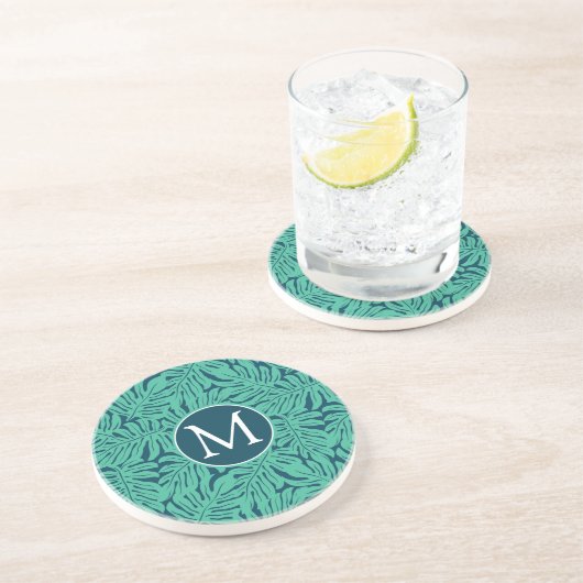 Dessous De Verre En Grès Motif de feuille tropicale Monstera | Monogramme (Côté)