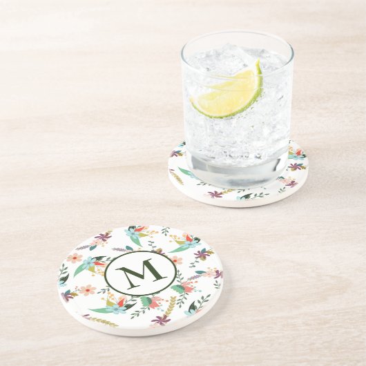 Dessous De Verre En Grès Motif de fleurs monogrammes (Côté)