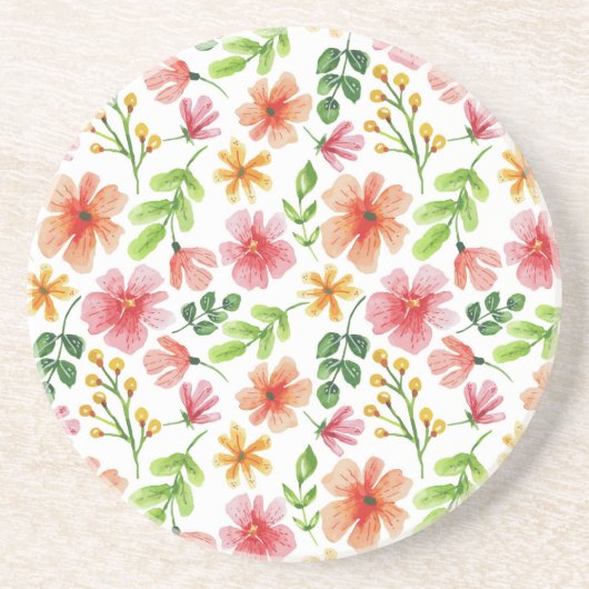 Dessous De Verre En Grès Motif de fleurs roses à l'aquarelle (Devant)
