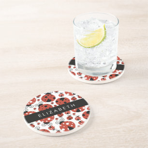 Dessous De Verre En Grès Motif De Ladybugs, Red Ladybugs, Votre Nom