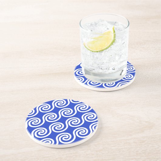 Dessous De Verre En Grès Motif de vagues clés Méandre grec Bleu (Côté)