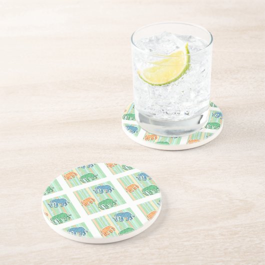 Dessous De Verre En Grès Motif d'éléphant sur les rayures vertes (Côté)