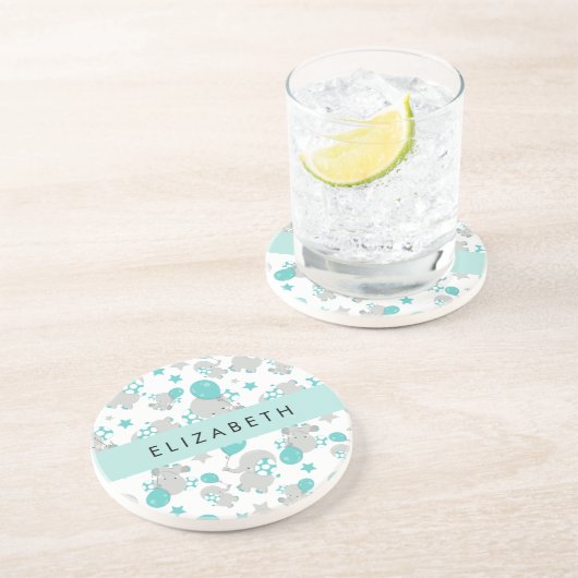 Dessous De Verre En Grès Motif D'Eléphants, Eléphants Mignons, Votre Nom (Côté)