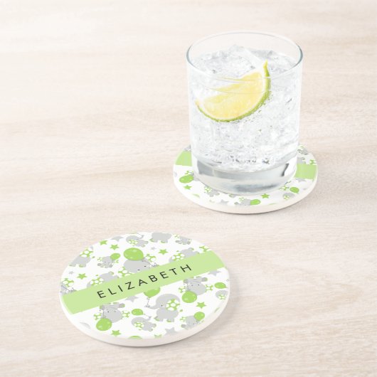 Dessous De Verre En Grès Motif D'Eléphants, Eléphants Mignons, Votre Nom (Côté)