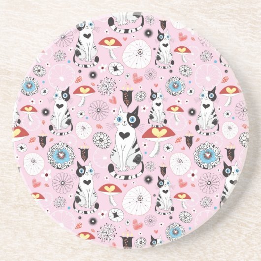 Dessous De Verre En Grès motif des chats et des fleurs (Devant)