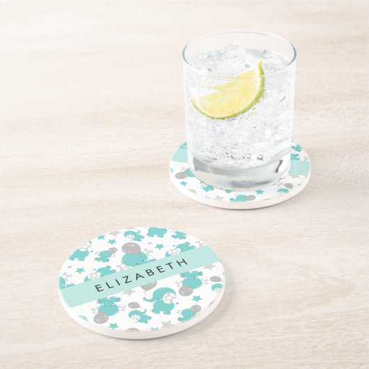 Dessous De Verre En Grès Motif Des Eléphants Bleus, Étoiles, Votre Nom (Côté)