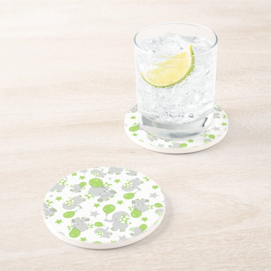 Dessous De Verre En Grès Motif Des Eléphants, Eléphants Mignons - Grey Vert (Côté)