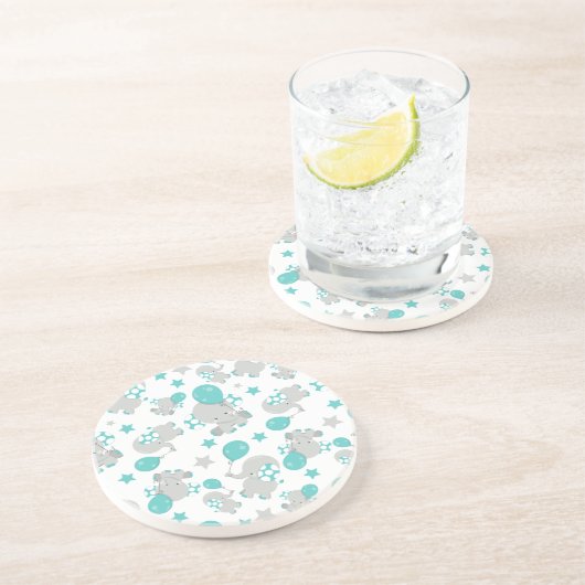 Dessous De Verre En Grès Motif Des Eléphants, Eléphants Mignons - Gris Bleu (Côté)