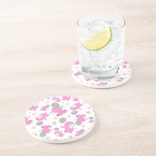 Dessous De Verre En Grès Motif Des Eléphants Roses, Eléphants Mignons, Étoi (Côté)