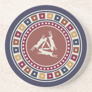 Dessous De Verre En Grès motif des trois lièvres et motif géométrique vinta
