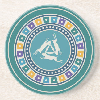 Dessous De Verre En Grès motif des trois lièvres et motif géométrique vinta