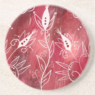 Dessous De Verre En Grès Motif Floral Rouge Et Blanc