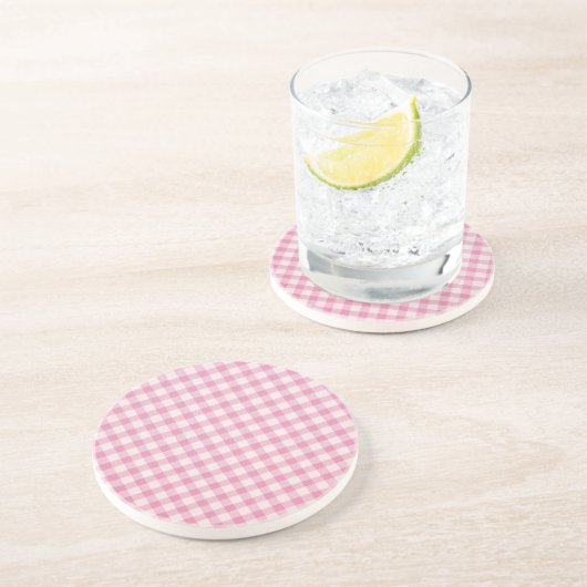 Dessous De Verre En Grès Motif Gingham Rose Bébé (Côté)