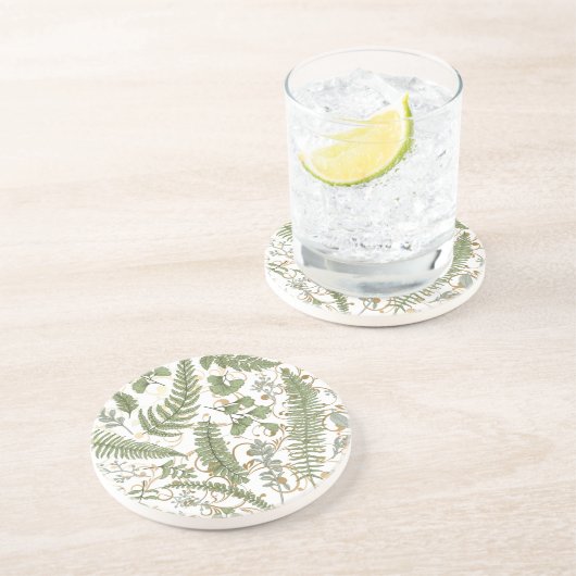 Dessous De Verre En Grès Motif Green et Gold Fern (Côté)