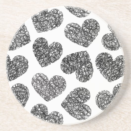 Dessous De Verre En Grès Motif moderne Black and White Doodle Hearts (Devant)